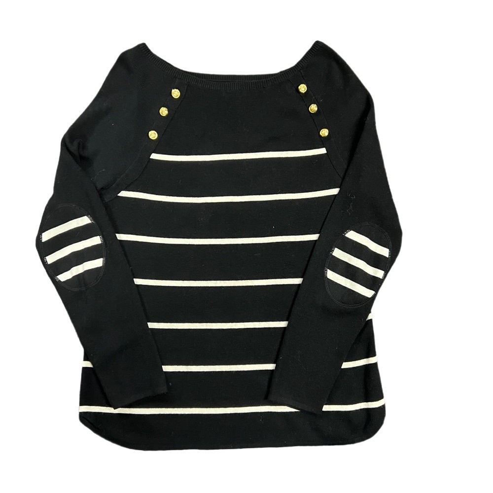 Charter Club Black and White Striped Sweater with Gold Button Detail